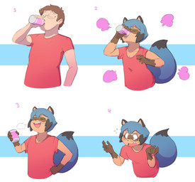 5_fingers anthro blue_hair bodily_fluids breath brown_hair clothing dipstick_tail drinking eyes_closed eyewear female fingers gender_transformation glasses hair human_to_anthro male markings mtf_transformation red_clothing red_shirt red_topwear round_glasses shirt shrinking size_transformation smile solo species_transformation surprised sweat sweatdrop tail tail_markings tf_into_fictional_character topwear transformation subakitsu brand_new_animal studio_trigger michiru_kagemori canid canine human mammal raccoon_dog tanuki 2022 digital_media_(artwork) hi_res