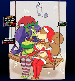 anthro armwear bra buckteeth christmas_clothing clothing duo elbow_gloves female female/female footwear garter_straps gloves hair hair_over_eye handwear holidays legwear panties pattern_clothing pattern_legwear pattern_stockings purple_hair socks stockings striped_clothing striped_legwear striped_stockings stripes teeth thigh_highs underwear somescrub christmas nickelodeon spongebob_squarepants eelie_applebottom sandy_cheeks eel fish mammal marine rodent sciurid tree_squirrel hi_res