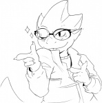 anthro clothing eyewear female finger_gun gesture glasses hand_gesture jacket one_eye_closed simple_background solo topwear wink jazzycat undertale undertale_(series) alphys lizard reptile scalie monochrome