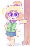 2017 3_toes 4_fingers absurd_res animal_crossing anthro barefoot bell black_eyes black_nose blonde_hair blue_bottomwear blue_clothing blue_eyewear blue_glasses blue_skirt bottomwear bow_(feature) canid canine canis clothed clothing colored dipstick_tail domestic_cat domestic_dog eyebrows eyelashes eyewear feet felid feline felis female fingers floppy_ears fur glasses graskip grass green_clothing green_topwear green_vest hair hair_bun hand_on_hip hand_on_own_hip hi_res isabelle_(animal_crossing) jingle_bell leaning leaning_on_tree looking_at_viewer mammal markings nintendo open_mouth pink_cheeks plant red_bow red_clothing shaded shadow shih_tzu shirt simple_background skirt smile smiling_at_viewer solo sunglasses tail tail_markings tied_hair toes topwear toy_dog tree vest white_background white_clothing white_shirt white_tail_tip white_topwear yellow_body yellow_fur