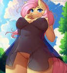 2024 anthro anthrofied areola blurred_background blush breasts clothed clothed_anthro clothed_female clothing cloud cutie_mark digital_media_(artwork) dress dress_only equid equine eyebrows eyelashes female fingers fluttershy_(mlp) friendship_is_magic genitals hair hasbro hi_res horse humanoid_hands innie_pussy looking_at_viewer looking_down looking_down_at_viewer mammal my_little_pony navel nipple_dip nipples outside pink_hair pink_tail plant pony pussy sky solo tail teal_eyes text translucent translucent_clothing translucent_dress tree twistedscarlett60 url yellow_body