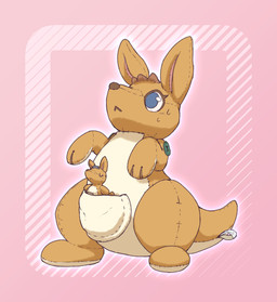 ambiguous_gender bodily_fluids brown_body brown_fur button_(fastener) duo fabric feral frozen_expression fur hair implied_transformation inanimate_transformation kangaroo_tail plushie plushie_tag plushification pouch_(anatomy) seam_(sewing) simple_background sweat tan_body tan_fur transformation kareha_21909 kangaroo macropod mammal marsupial hi_res
