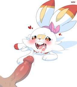 anthro balls biped bodily_fluids cum cum_on_face duo eyelashes female fur genital_fluids genitals interspecies male male/female nude open_mouth paws penis pupils simple_background size_difference smile tongue tongue_out white_body sarox nintendo pokemon generation_8_pokemon pokemon_(species) scorbunny absurd_res hi_res