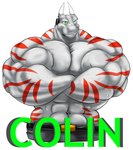 abs anthro badge big_muscles bottomwear clothed clothing crossed_arms dreamworks_smirk electronics green_eyes grey_body grin headgear headphones headset horn huge_muscles hyper hyper_muscles looking_at_viewer male muscular muscular_anthro muscular_male pants simple_background smile solo text topless white_background fierglief mythology colin_steel dragon mythological_creature mythological_scalie scalie 2015 hi_res