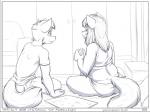 4:3 anthro bed breasts butt canid canine clothing comic duo eating faf fafcomics female food fox furniture greyscale hetty_(faf) jimmy_(faf) male mammal monochrome nude overweight sandwich_(food)