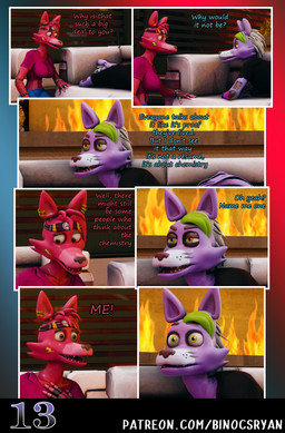 accessory anthro blue_clothing blush clothed clothing crossgender dialogue duo ear_piercing female fingers fire fireplace ftm_crossgender gradient_background green_hair hair headband laugh machine male male/female mtf_crossgender open_mouth piercing simple_background text binocszoomx10 disembowell_(modeler) red-eye_(modeler) five_nights_at_freddy's five_nights_at_freddy's:_security_breach scottgames steel_wool_studios fan_character fanmade_glamrock_foxy_(fnaf) glamrock_foxy_(fnaf) roxanne_wolf animatronic canid canine fox mammal robot 3d_(artwork) comic digital_media_(artwork) english_text hi_res url