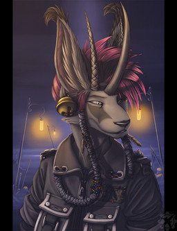 ambiguous_gender bell hair horn lamp lantern mohawk night outside piercing post-apocalyptic rubble ruins solo fighterjet hybrid