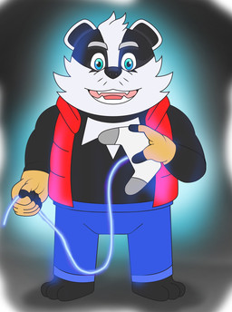 anthro black_body black_nose blue_eyes bottomwear clothing controller game_controller humanoid_hands male open_mouth pants slightly_chubby solo standing white_body cilverwolf bradley_the_badger_(game) bradley_(bradley_the_badger) badger mammal mustelid musteline 2025 hi_res