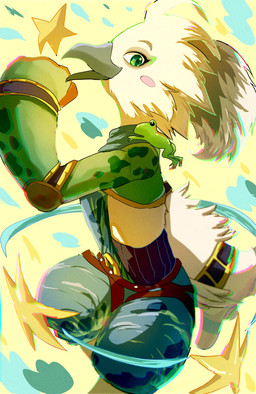 anthro beak black_beak blush blush_stickers feathers male side_view smile solo white_body white_feathers young chikichikitaron nintendo tears_of_the_kingdom the_legend_of_zelda tulin_(tloz) amphibian avian frog rito hi_res