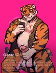 anthro balls belly bodily_fluids clothing dating_profile electronics genital_fluids genitals kneeling male masturbation musclegut muscular muscular_anthro muscular_male nipple_piercing nipples overweight overweight_anthro overweight_male penis phone piercing precum pubes scar solo text topwear vest bufforang3 epic_games fortnite oscar_(fortnite) felid mammal pantherine tiger 2024 english_text hi_res signature