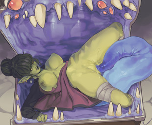 ambiguous_gender bodily_fluids breasts clothing duo ear_piercing female genitals green_body green_skin hair hair_bun humanoid_pointy_ears nipples not_furry open_mouth oral penetration piercing pointy_ears solo spread_legs spreading teeth tentacles tongue tongue_penetration vulva yellow_eyes midnightteeth nezzah_(the7thprimarch) goblin humanoid mammal mimic mimic_chest absurd_res hi_res