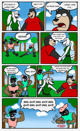 allcaps annoying anthro backwards_baseball_cap backwards_hat baseball_cap black_body black_fur black_nose black_text blue_body blue_bottomwear blue_clothing blue_fur blue_jean_shorts blue_shorts blue_sky bodily_fluids bottomwear brown_body brown_feathers clothing dialog_balloon dialogue dress dudebro exercise eyelashes eyewear feathers female flexing_muscles fur geese gradient_sky green_baseball_cap green_clothing green_dress green_grass green_shirt green_tank_top green_topwear green_trees group hair hat headgear headwear italic_text male markings motion_lines open_mouth overweight overweight_male pink_body pink_clothing pink_fur pink_shirt pink_tank_top pink_text pink_topwear ponytail red_clothing red_shirt red_t-shirt red_topwear running_away scared shirt shorts sky spots spotted_markings striped_markings stripes sunglasses sweat t-shirt tank_top teeth_showing text tongue_showing topwear weightlifting white_body white_clouds white_fur workout foxmanad dom_(foxmanad) spotty_(whatindalmatian) anatid anseriform anserinae avian bear bird black_bear canid canine canis dalmatian domestic_dog goose mammal ursine comic english_text hi_res signature