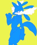 anthro chest_spike gloves_(marking) looking_at_viewer male markings mouth_closed narrowed_eyes simple_background smoke solo spikes spikes_(anatomy) standing vape yellow_background hardscales nintendo pokemon generation_4_pokemon lucario pokemon_(species) hi_res portrait three-quarter_portrait