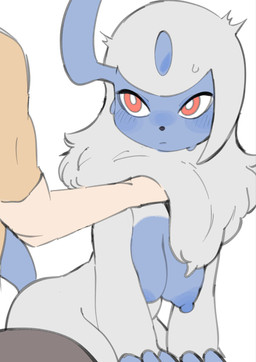 areola black_breasts bodily_fluids breasts claws duo female fur male male/female neck_tuft nipples petting sweat tuft white_body white_fur oposa nintendo pokemon absol generation_3_pokemon human mammal pokemon_(species) hi_res