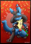 2018 animal_genitalia animal_penis anthro balls biped black_body black_fur blue_balls blue_body blue_fur blue_sheath bow_(feature) bow_accessory canid canine_genitalia canine_penis christmas christmas_lights claws crouching detached_sheath ear_bow fur generation_4_pokemon genitals gift half-erect hi_res holidays krayxii looking_at_viewer lucario male mammal nintendo nude penis pink_penis pokemon pokemon_(species) red_eyes ribbons sheath smile solo spikes toe_claws yellow_body yellow_fur