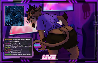 anthro big_butt butt clothing commentary hip_sway huge_butt male red_eyes smile smirk solo text tight_clothing wide_hips binkykun alien_(franchise) dead_by_daylight disney the_lion_king twitch.tv nuka_(the_lion_king) alien felid lion mammal pantherine xenomorph english_text hi_res