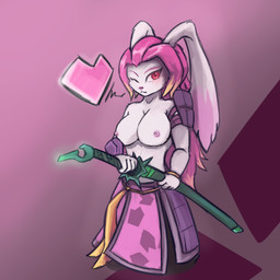 anthro areola armor big_breasts big_ears breasts clothed clothing dipstick_ears ear_markings eyelashes female floppy_ears front_view fur hair heart_symbol holding_melee_weapon holding_object holding_sword holding_weapon long_ears long_hair looking_at_viewer lop_ears markings melee_weapon multicolored_ears nipples one_eye_closed pink_areola pink_background pink_hair pink_nipples pink_nose red_eyes simple_background solo sword topless weapon white_body white_fur wide_hips wink winking_at_viewer cordus22 gunfire_reborn tao_(gunfire_reborn) lagomorph leporid mammal rabbit hi_res
