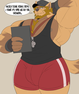 anthro arm_behind aroused aroused_male athlete beard biceps big_bulge big_muscles big_pecs black_clothing black_fingerless_gloves black_gloves black_handwear black_hat black_headwear black_shirt black_tank_top black_topwear blonde_beard blonde_chest_hair blonde_eyebrows blonde_facial_hair blonde_hair blonde_sideburns body_hair bottomwear brown_body brown_facial_hair brown_fur brown_mustache bulge chest_hair chest_tuft clipboard clothing coach dialogue eyebrows facial_hair fingerless_gloves fur gloves hair hand_behind_head handwear hat head_rub headgear headwear holding_clipboard holding_object huge_pecs jock looking_at_viewer male manly mature_anthro mature_male muscular muscular_anthro muscular_arms muscular_male mustache nipples pecs red_bottomwear red_clothing red_shorts rubbing_head shirt shorts sideburns solo speech_bubble tail tank_top text thick_arms thick_thighs topwear tough_guy tuft whistle_(object) whistle_around_neck yellow_body yellow_fur castrodour canid canine canis mammal wolf 5:6 absurd_res english_text hi_res