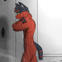 5_fingers anthro bathing black_body black_fur black_hair butt casual_nudity cheek_tuft cleaning facial_tuft fangs fingers frown fur grey_nose hair male nude pokemorph red_body red_eyes red_fur short_hair shower side_view solo standing teeth tile tile_wall tuft wall_(structure) wet yellow_sclera fuze nintendo pokemon lucas_(fuze) generation_7_pokemon pokemon_(species) torracat 1:1 hi_res portrait three-quarter_portrait
