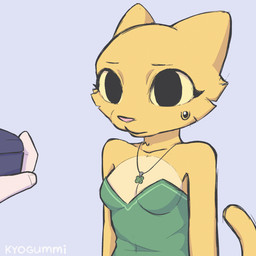 anthro blush bodily_fluids breasts cleavage clothed clothing clover_(plant) clover_leaf diamond_ring digit_ring dress duo ears_back embarrassed female female_focus flustered four_leaf_clover fur jewelry leaf looking_at_viewer male male/female marriage_proposal mostly_offscreen_male necklace pivoted_ears plant ring small_breasts solo standing sweat sweatdrop tail tail_motion three-quarter_view wedding_ring wide_eyed yellow_body yellow_fur kyogummi microsoft prequel_adventure the_elder_scrolls katia_managan felid khajiit mammal 1:1 2d_animation animated colored frame_by_frame hi_res