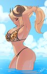 alternative_fashion animal_print big_breasts bikini blonde_hair breasts cleavage clothed clothing female gyaru hair hands_behind_head j-fashion jaguar_print outside partially_submerged side_boob skimpy solo swimwear tsuyome two-piece_swimsuit tying_hair water skecchiart kaitlin animal_humanoid bovid bovid_humanoid caprine caprine_humanoid humanoid mammal mammal_humanoid absurd_res hi_res