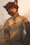 anthro blurred_background brown_hair brown_nose camo clothed clothing day detailed_background green_eyes hair looking_at_viewer male outside sky smile solo standing koul lonestar_eberlain canid canine canis domestic_dog german_shepherd herding_dog mammal pastoral_dog 2018 2:3 hi_res