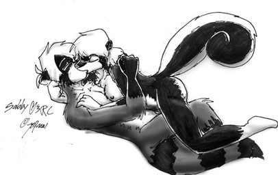 anthro black_body black_fur breast_squish breasts duo eyes_closed female fluffy fluffy_tail fur gloves_(marking) grey_body grey_fur hair hand_behind_back interspecies kiss_on_lips kissing leg_markings lying male male/female markings nipples nude on_back ring_(marking) ringed_tail romantic romantic_couple simple_background socks_(marking) squish striped_markings striped_tail stripes tail tail_markings white_background white_hair unknown_artist unknown_artist_signature sabrina_online richard_conrad sabrina_(sabrina_online) mammal mephitid procyonid raccoon skunk striped_skunk black_and_white monochrome signature source_request traditional_media_(artwork)
