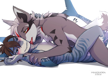 anthro blush duo fur licking male male/male nude simple_background tail tongue tongue_out white_background white_body white_fur muhomora aquatic canid canine canis fish mammal shark wolf hi_res