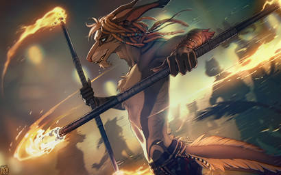 anthro brown_hair clothed clothing detailed_background dreadlocks fire group hair male smile solo_focus topless wildering reptile scalie vernid 16:10 digital_media_(artwork) widescreen