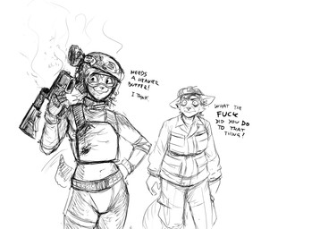after_explosion anthro bulletproof_vest clothing dialogue duo eyewear goggles hand_on_hip midriff military_helmet military_uniform profanity text uniform wide_eyed hladilnik peggy_patterson samantha_thott canid canine canis domestic_dog fox mammal 2025 comic english_text hi_res monochrome sketch