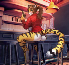 3d_background 4_toes accessory anthro bar bar_counter bar_stool barefoot biped black_clothing black_ears black_markings black_panties black_stripes black_text black_underwear blurred_background blush blush_lines blushing_at_viewer bottle brown_eyebrows brown_hair butt butt_markings claws clothed clothed_anthro clothed_female clothing container counter countershade_butt countershade_face countershade_feet countershade_hands countershading digitigrade dipstick_tail ear_markings eye_markings eyebrows eyelashes facial_markings fangs feet female female_anthro finger_claws fingerpads fingers foot_tuft fur furgonomics furniture green_eyes gun hair hair_accessory hair_tie handgun head_markings heel_tuft hindpaw holding_bottle holding_container holding_gun holding_handgun holding_object holding_pistol holding_ranged_weapon holding_weapon humanoid_hands inner_ear_fluff inside iris jacket leg_markings long_hair long_tail looking_at_viewer looking_back looking_back_at_viewer markings monotone_clothing monotone_hair monotone_jacket monotone_panties monotone_topwear monotone_underwear multicolored_body multicolored_fur one_fang panties pantsless pantsless_anthro pantsless_female pawpads paws pink_blush pink_inner_ear pink_nose pink_pawpads pistol ponytail pupils ranged_weapon rear_view red_accessory red_clothing red_hair_accessory red_hair_tie red_jacket red_topwear sabertooth_(anatomy) sitting sitting_on_bar_stool sitting_on_stool snout solo stool striped_body striped_fur striped_markings striped_tail stripes tail tail_markings teeth text thigh_markings three-quarter_view toes topwear trigger_discipline tuft underwear weapon white_body white_claws white_countershading white_fur white_inner_ear_fluff white_markings white_sclera white_tail_tip white_tuft yellow_body yellow_fur yellow_tail yellow_tuft pgm300 alex_marx felid mammal pantherine tiger 2022 3d_(artwork) artist_name digital_media_(artwork) english_description full-length_portrait hi_res mixed_media portrait shaded