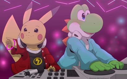 anthro blush clothing disc_jockey duo electronics gesture hand_gesture headphones jacket lights male microphone pointing standing symbol topwear wristband winick-lim mario_bros nintendo pokemon dinosaur generation_1_pokemon green_yoshi mammal pikachu pokemon_(species) prehistoric_species reptile rodent scalie yoshi 16:10 2024 absurd_res hi_res widescreen