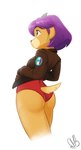 anthro big_butt breasts butt clothing ear_piercing ear_ring female green_eyes hair hands_in_both_pockets horn italian_flag jacket piercing purple_hair red_one-piece_swimsuit ring_piercing smile solo thick_thighs topwear wide_hips bmbrice on_your_tail diana_caproni_(on_your_tail) bovid caprine goat mammal 2024 digital_media_(artwork) hi_res signature