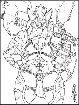 armor axe barbarian big_breasts black_border bone border breasts curvy_figure female looking_at_viewer melee_weapon skull solo tail tattoo voluptuous weapon wide_hips skianous morrigan_saberhagen sergal 2018 hi_res monochrome