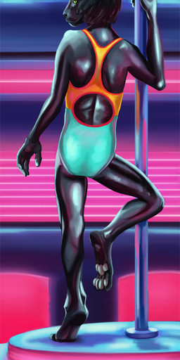 anthro black_body black_fur black_hair clothed clothing crossdressing dancing ears_up fur glistening glistening_clothing green_eyes hair head_turned holding_object inside leotard looking_back male neon nightclub one-piece_swimsuit pawpads pole raised_foot solo stage standing strip_club stripper_pole swimwear mitokep felid leopard mammal pantherine 2018