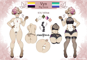 anal_beads anthro anus back_tattoo balls belly big_butt biped bottomwear breasts brown_tail_tip butt buttplug chastity_cage chastity_device choker clothing crop_top curling_tail curvy_figure dipstick_tail ear_piercing femboy fishnet_clothing fishnet_legwear frenum_ladder frenum_piercing fur fur_markings futhark genital_piercing genitals gesture gloves_(marking) green_eyes grin guiche_piercing hand_gesture hotpants jewelry ladder_piercing legwear lgbt_pride male male_anthro markings microshorts minishorts navel navel_piercing necklace nipple_piercing nipples nonbinary_pride_colors penis penis_piercing perineum piercing pig_nose plug_(sex_toy) presenting presenting_anus presenting_balls presenting_hindquarters pride_colors profanity rainbow_flag rainbow_pride_flag rainbow_symbol runes sex_toy shirt shorts smile solo spade_tattoo tail tail_markings tan_body tan_fur tattoo text thick_thighs thigh_highs thong thong_straps topwear tramp_stamp underwear white_body white_fur wide_hips onomari vyn_(vyncoris) domestic_pig mammal suid suine sus_(pig) absurd_res english_text hi_res model_sheet nonbinary_(lore)