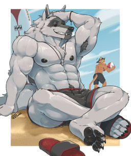 4_toes 5_fingers abs alternative_fashion anthro arm_tuft armpit_hair ball beach beach_ball being_watched biceps black_nipples black_nose black_pawpads black_sclera bodily_fluids body_hair bottomwear bracelet cheek_tuft claws clothed clothed_anthro clothed_male clothing crossed_ankles day digit_ring elbow_tuft facial_markings facial_tuft fangs feet finger_claws finger_ring fingers flip_flops fluffy fluffy_tail footwear fur fuzzy glistening glistening_body glistening_pawpads green_eyes grey_body grey_fur grin half-closed_eyes hand_on_head happy_trail hat head_markings headgear headwear hindpaw holding_object humanoid_hands inflatable jewelry knee_tuft leaning leaning_backward leg_tuft looking_at_another looking_back male markings mask_(marking) muscular muscular_anthro muscular_male narrowed_eyes navel neck_tuft necklace nervous nervous_sweat nipples orange_body orange_fur outside pawpads paws pecs pointy_ears prick_ears pubes raised_arm red_eyes ring sand sandals shoes shorts shorts_only sitting skull_accessory skull_necklace sky smile solo_focus standing surfboard sweat sweatdrop swimming_trunks swimwear tail teeth toe_claws toe_ring toes topless topless_anthro topless_male tuft catclawcaramel dreamworks puss_in_boots_(franchise) death_(puss_in_boots) puss_in_boots_(dreamworks) canid canine canis domestic_cat felid feline felis mammal tabby_cat wolf 2025 colored hi_res shaded
