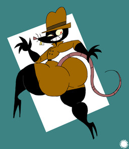 4_fingers anthro armwear belt big_butt black_body black_fur bubble_butt buckteeth butt clothing coat curvy_figure elbow_gloves eyelashes fangs femboy fingers footwear fur geometric_background gloves gold_(metal) gold_tooth grin handwear hat headgear headwear high_heels logo looking_back male pupils rear_view red_pupils shoes simple_background small_waist smile solo tail teeth text thick_thighs topwear trenchcoat wasp_waist whiskers wide_hips yellow_sclera thatdawgmurray happy_tree_friends the_rat_(htf) mammal murid murine rat rodent aliasing artist_logo artist_name digital_media_(artwork) hi_res signature