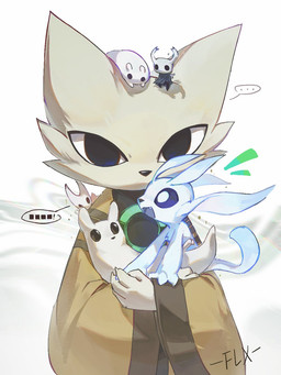 ambiguous_gender anthro black_eyes black_sclera clothing fangs feral fur group happy male open_mouth simple_background teeth topwear white_background white_body white_eyes white_fur yellow_clothing yellow_topwear fallighx baba_is_you hollow_knight_(franchise) microsoft nine_sols ori_(series) rain_world red_candle_games team_cherry videocult xbox_game_studios baba hornet_(hollow_knight) ori_(ori) survivor_(rain_world) the_knight_(hollow_knight) yi_(nine_sols) domestic_cat felid feline felis mammal slugcat solarian vessel_(species) 2025 chinese_description digital_media_(artwork) hi_res