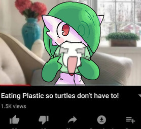 blurred_background blush eating female hair hair_over_eye humanoid_pointy_ears not_furry photo_background plastic pointy_ears red_eyes solo text melfunnysmell nintendo pokemon youtube gaba_(melfunnysmell) gardevoir generation_3_pokemon humanoid pokemon_(species) english_text photography_(artwork)
