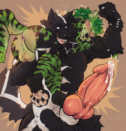 4_toes 5_fingers abs animal_genitalia animal_penis anthro anus big_penis blep blush bodily_fluids body_blush butt butt_blush canine_genitalia canine_penis claws duo erection eye_contact fangs feet fingers fur genital_fluids genitals hair half-closed_eyes huge_penis hyper hyper_genitalia hyper_penis knot knotted_penis looking_at_another male male/male multicolored_body multicolored_fur muscular narrowed_eyes nude open_mouth open_smile pawpads paws pecs penis pink_anus pink_pawpads pink_penis precum saliva short_hair size_difference smile snout sweat sweaty_butt sweaty_genitalia sweaty_penis tail teeth toes tongue tongue_out vein veiny_penis honeypie~ canid canine canis felid feline mammal wolf colored digital_drawing_(artwork) digital_media_(artwork) hi_res shaded