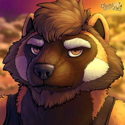 ambiguous_gender anthro beard black_lips black_nose blurred_background brown_eyes brown_markings cheek_tuft close-up clothing eyebrows facial_hair facial_markings facial_tuft frown fur hair head_markings lips looking_at_viewer markings mask_(marking) narrowed_eyes orange_body orange_fur orange_sky outside purple_sky shirt sideburns sky sunset tank_top thick_neck three-quarter_view topwear tuft whiskers white_eyebrows white_markings camazule gulonine mammal mustelid musteline wolverine 1:1 hi_res portrait