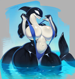 anthro big_breasts black_body breasts clothing dorsal_fin female fin huge_hips multicolored_body navel one-piece_swimsuit partially_submerged sling_bikini solo standing swimwear tail tail_fin thick_thighs two_tone_body water wet wet_body white_body wide_hips csarphong aquatic cetacean dolphin mammal oceanic_dolphin orca toothed_whale 2026 hi_res