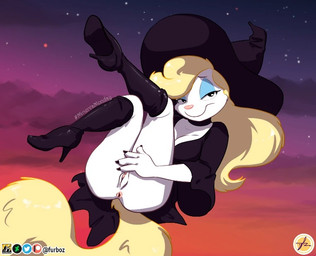 4_fingers alternate_costume alternative_fashion anthro anus bedroom_eyes big_tail biped black_boots black_choker black_claws black_clothing black_footwear black_hat black_headwear black_jewelry black_necklace black_topwear blonde_hair blue_eyeshadow boots bottomwear breasts broom butt cheek_tuft choker claws cleaning_tool cleavage clothed clothing dress exposure_variation eyelashes eyeshadow facial_tuft female fingers flying footwear fur genitals goth hair hashtag hat headgear headwear high_heeled_boots high_heels jewelry knee_boots knee_highs legwear looking_at_viewer makeup narrowed_eyes necklace no_underwear pink_nose plantar_flexion presenting presenting_hindquarters seductive shoes sky solo star starry_sky sunset tail topwear tuft upskirt vulva white_body white_fur witch_costume witch_hat yellow_tail furboz animaniacs warner_brothers minerva_mink mammal mink mustelid musteline true_musteline 2021