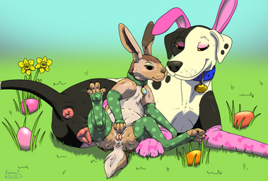 animal_genitalia animal_vulva anus canine_genitalia canine_vulva clothed clothed_feral clothing collar daffodil_(flower) duo egg eyeshadow female female/female feral flower genitals grass holidays legwear lingerie lingerie_on_feral lying makeup on_back on_side paws plant spread_legs spreading stockings vulva kinaj easter easter_bunny jess_(kinaj) bird_dog canid canine canis dalmatian domestic_dog european_hare hare hunting_dog labrador lagomorph leporid mammal mixed_breed retriever hi_res