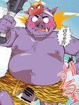 anthro balls belly big_belly flaccid genitals humanoid_hands kemono male mask moobs navel nipples overweight overweight_male penis purple_body solo surprise weapon bumomomoboa setsubun mammal suid suina sus_(pig) wild_boar 2024 absurd_res censored hi_res