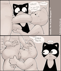 anthro arrow_sign balls big_balls big_penis bodily_fluids butt deep_throat dialogue exclamation_point fellatio fur genitals group half-closed_eyes hand_on_balls hand_on_head hand_on_leg kneeling_oral_position male male/male narrowed_eyes oral oral_penetration penetration penile penis sex speech_bubble standing surprised sweat tail text trio whiskers sushiamazing working_buddies! kuehiko_roshihara rufuta_hachitani tapio_chatarozawa domestic_cat felid feline felis mammal 2025 absurd_res comic digital_media_(artwork) english_text hi_res monochrome