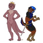 anthro blue_hair crown eyes_closed hair headgear male melee_weapon nude smile sword weapon kaitycuddle mammal mustelid otter 2021 digital_media_(artwork)