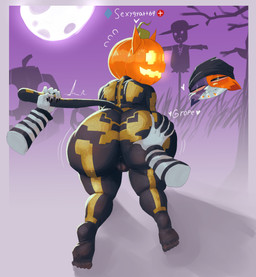 all_fours anthro big_butt black_body border butt butt_grab disembodied_hand duo feet female for_a_head genitals grey_border hand_on_butt heart_symbol huge_butt jack-o'-lantern looking_back moon night rear_view tail tail_grab text thick_thighs toes vulva wide_hips kyokee0_(artist) epic_games fortnite meow_skulls spice_(fortnite) domestic_cat felid feline felis mammal object_head absurd_res hi_res