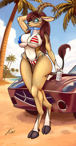 american_flag_bikini anthro beach beverage_can big_breasts bikini breasts car clothing ear_piercing eyewear female flag_bikini flag_swimwear glasses hooves piercing solo swimwear two-piece_swimsuit unguligrade vehicle kasaler antelope bovid mammal absurd_res hi_res